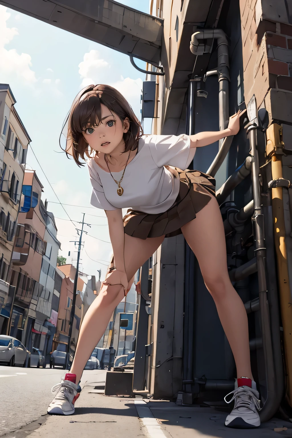 1 girl, minamoto_shizuka, bangs, ((((pigtails)))), high school student, ****, 18 years old, pink top, pink mini skirt, white socks, white panties, (surprised face), ( , (((Destroyed City in Miniature: 5.0))