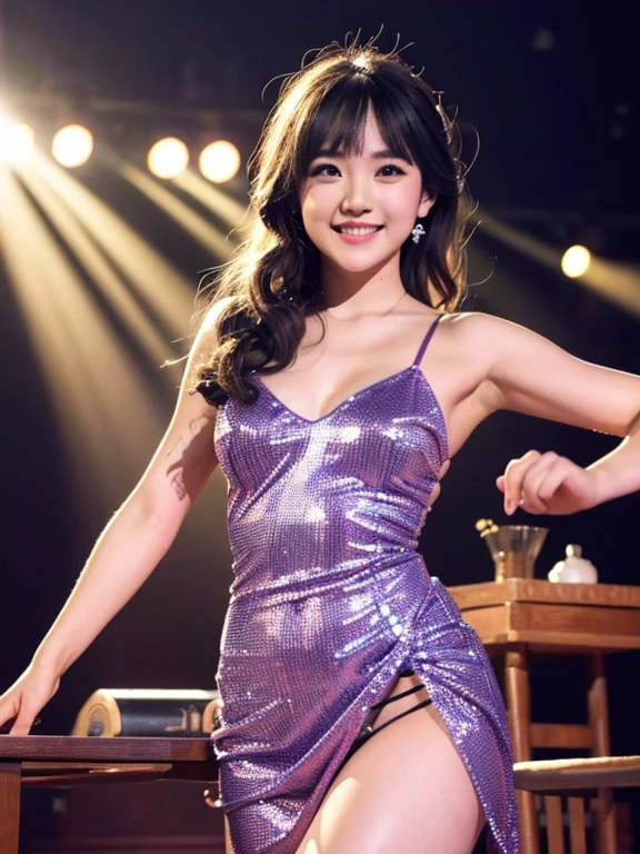 Ultra high resolution photo quality、cinematic camera work、Video of the entire stage、long shot、modern japanese strip theater、wide stage、wide seat、Mayu Minami、big droopy eyes、thick eyebrows、flushed cheeks、familiarity、very beautiful Japanese female dancer、athlete、very sexy、Very long and beautiful strong arms and legs and beautiful abs、Fair skin、Her fine skin is very beautiful、Sweat、beautiful bright smile、healthy、kind、Noble、refinement、kind、mild、raise one leg、active pose、yoga、gorgeous beautiful dress、Beautiful stage costumes、Dramatic and gorgeous beautiful lighting、Spotlight、Laser beam、smoke effect、clear acoustics、round table stage、body chain、