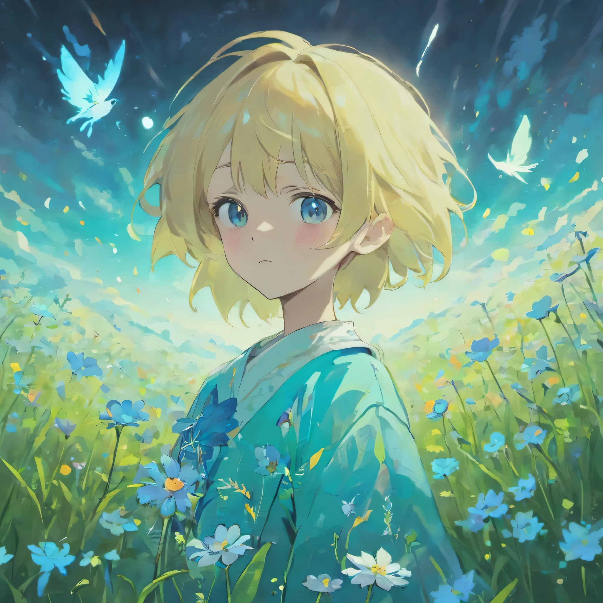 (best quality, high resolution, super detailed, cinematic), Solitary, 1 boy, charming, happiness, Boy standing in light blue flower field, Surrounded by light blue petals, whole body, Blue-haired boy, watercolor, pastel colors, Nebula in the sky, blue tree.