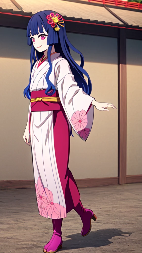 kimetsu no yaiba style, 1girl, flower kanzashi, pink traditional dancer outfit, obi sash, long dress, Magenta Boots, solo, red eyes, flowing hair, smile, blue hair, outdoors, bangs, tree, clear eyes, anime coloring, ((masterpiece))