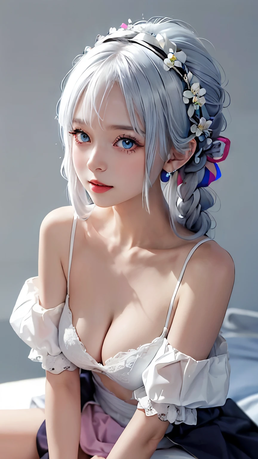 pure white background，Colorful hair，long white hair，colorful braids，high ponytail（There are two strands of white hair on both sides of the ears，Wear pink headdress on both sides of the ears），a girl，alone,以最high quality查看镜头，light blue eyeig tits，((strands of hair)),clavicle，Loose shirt，Sweet cool，cute expression（smile），cute earrings，((Rainbow colored background)，Highest image quality，8k,front lighting，high quality，Very good atmosphere，exquisite，CG rendering，Detailed rendering，（exquisite面部刻画）（Fine hair depiction）（best quality）（masterpiece）（High degree of completion）（a sense of atmosphere）