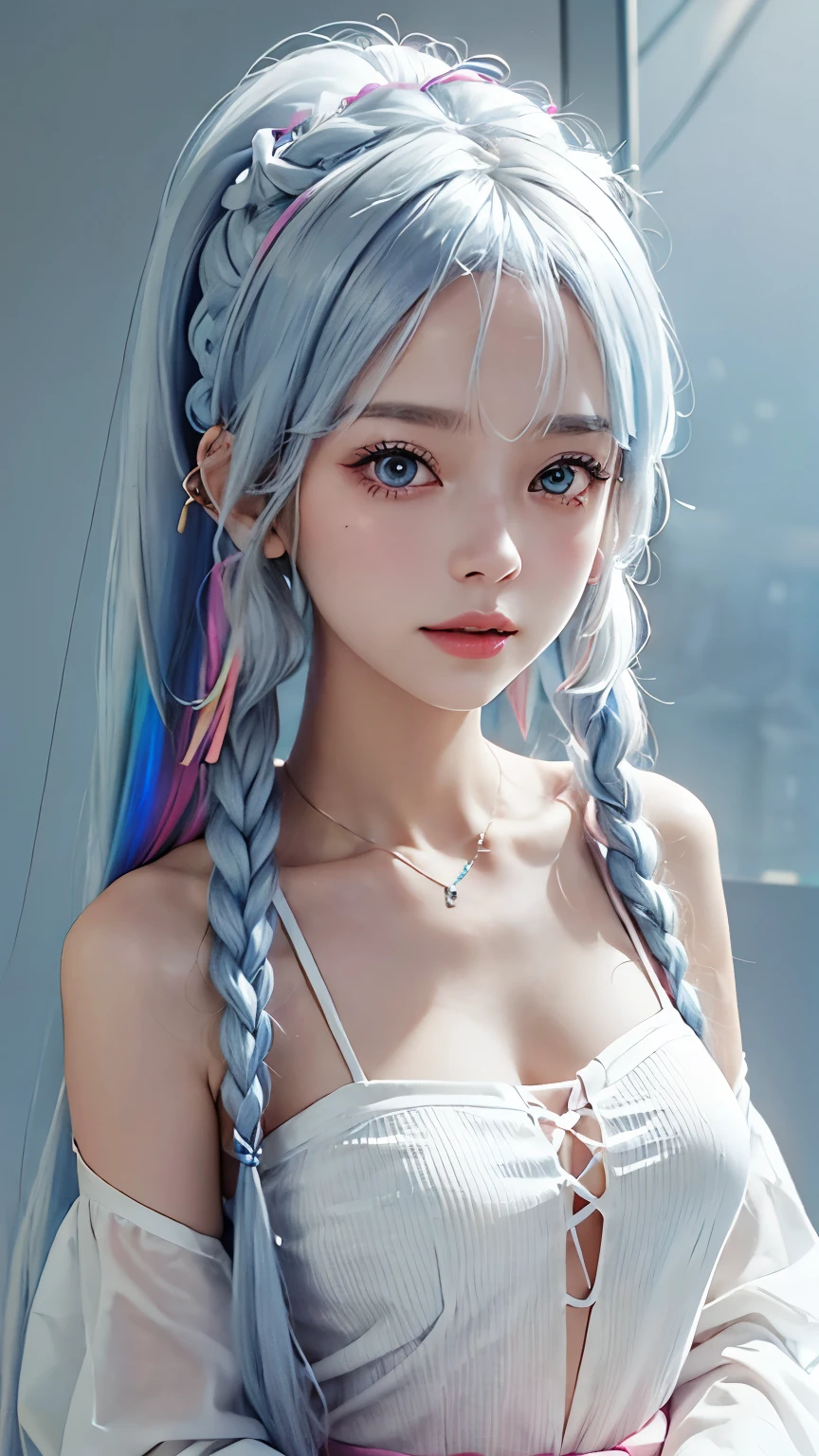 pure white background，Colorful hair，long white hair，colorful braids，high ponytail（There are two strands of white hair on both sides of the ears，Wear pink headdress on both sides of the ears），a girl，alone,以最high quality查看镜头，light blue eyeig tits，((strands of hair)),clavicle，Loose shirt（No chest baring），Sweet cool，cute expression（smile），cute earrings，((Rainbow colored background)，Highest image quality，8k,front lighting，high quality，Very good atmosphere，exquisite，CG rendering，Detailed rendering，（exquisite面部刻画）（Fine hair depiction）（best quality）（masterpiece）（High degree of completion）（a sense of atmosphere）