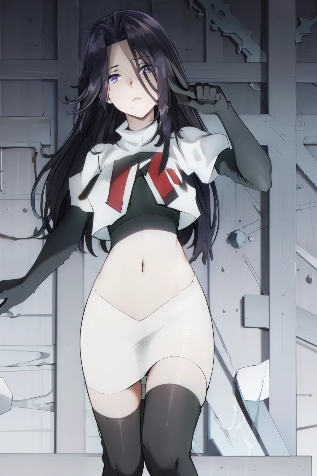 ((masterpiece, high quality, best quality, highres)):1.2, looking at viewer,
team rocket,team rocket uniform, red letter R, white skirt,white crop top,black thigh-highs, black elbow gloves,