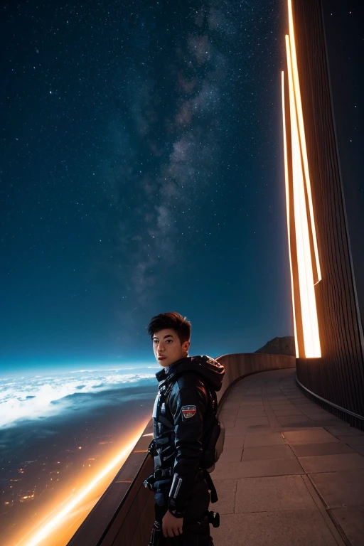 future technology,space adventurer,Male Asian in his 20s,Wearing sci-fi gear,Travel through various parallel universes