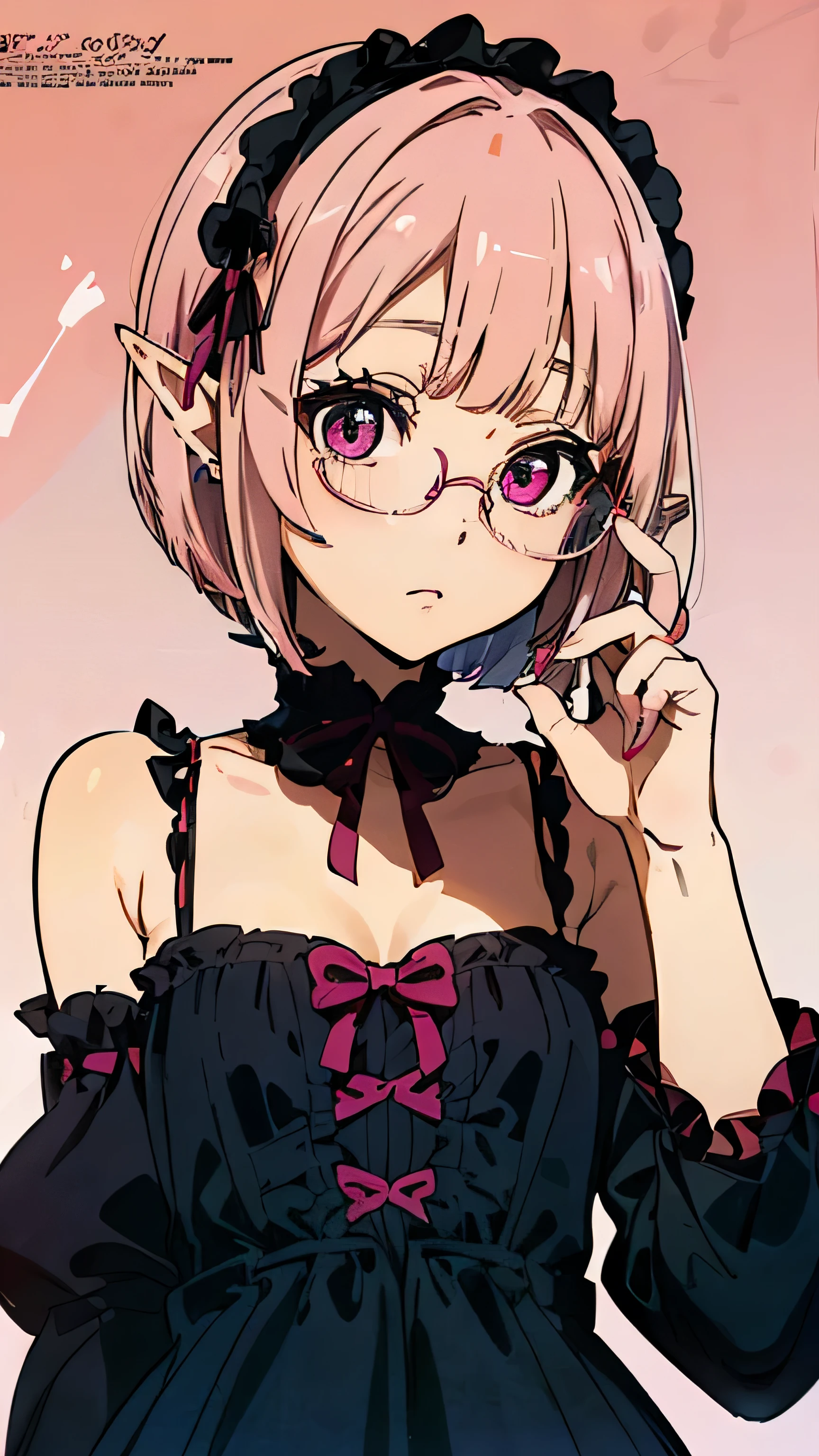 ((megami magazine:1.5)))　(((Milky pink short bob hair:1.2、thick red glasses with small frames:1、[elf ears:0.7]、magenta eyes:1.2)))(((９age　primary school student　flat chest)))(((Harajuku fashion　gothic ****ta)))