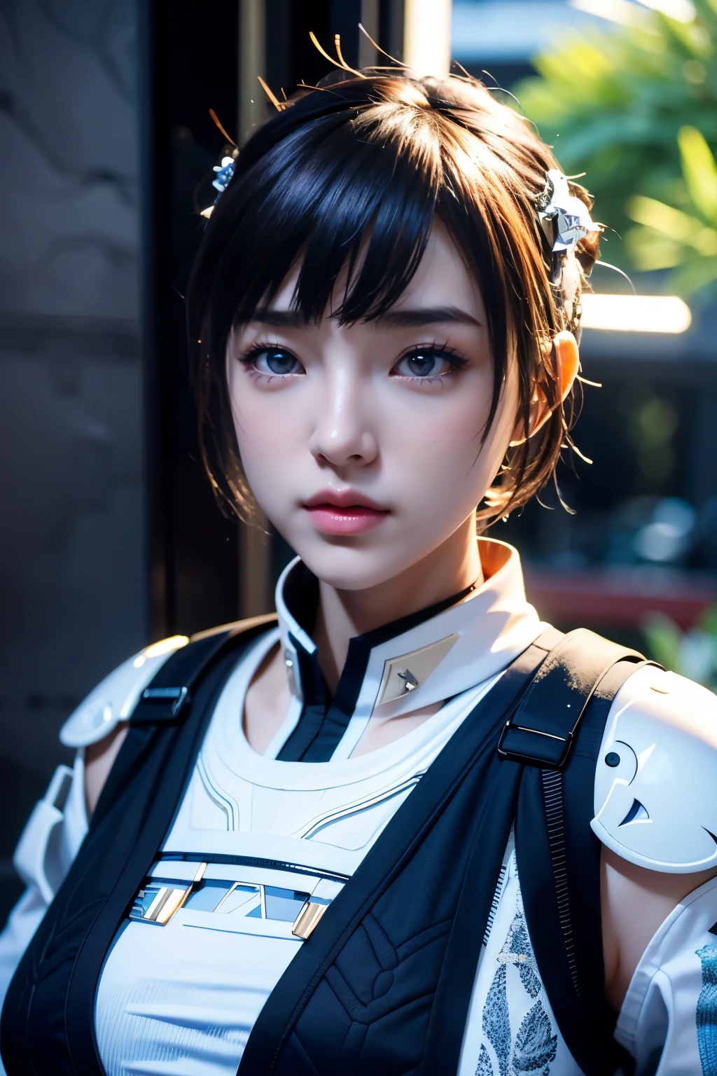 Game art，The best picture quality，Highest resolution，8K，((A bust photograph))，((Portrait))，(Rule of thirds)，Unreal Engine 5 rendering works， (The Girl of the Future)，(Female Warrior)，22岁少女，(White with short hair)，(A beautiful eye full of detail)，(Big breasts)，优雅迷人，微笑，(皱眉)，(Clothes full of futuristic sci-fi style，Sweater，A delicate pattern，Glittering jewels，Armor，White and red)，赛博朋克人物，未来风格， 拍照姿势，街道背景，Movie lights，Ray tracing，Game CG，((3D Unreal Engine))，oc渲染反射纹