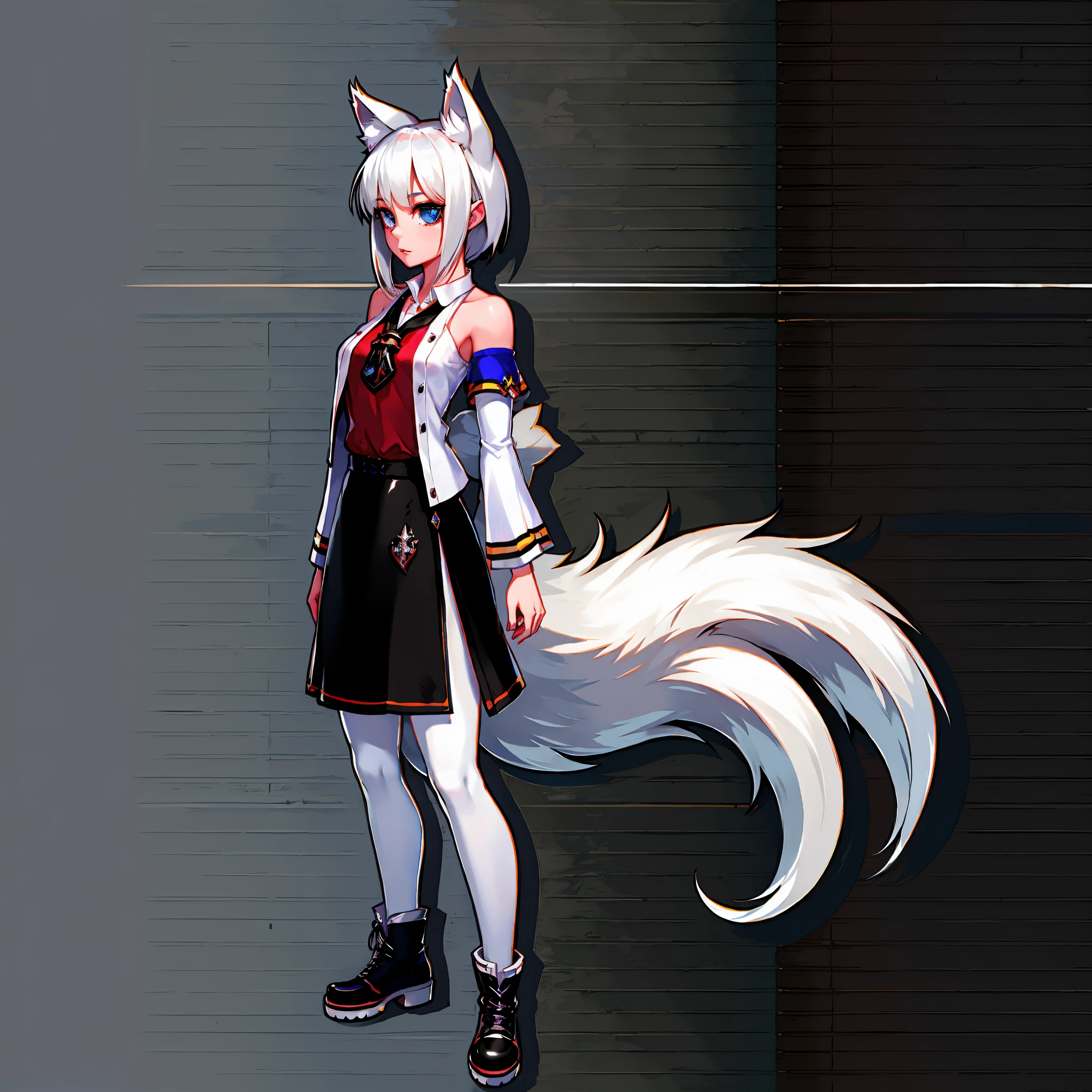 8k, resolution, high quality, high resolution, best quality, best resolution, absurd resolution, ray tracing, high detailed, masterpiece, extremely detailed,shoulder length white hair, female,white 2 wolf ears, teenage girl, slim body, white scale dragon tail,black boots,black leggings, school skirt, white jacket, medium size chest, detailed blue eyes, detailed beautiful face,solo female,1 dragon tail, detailed eyes, tomboyish