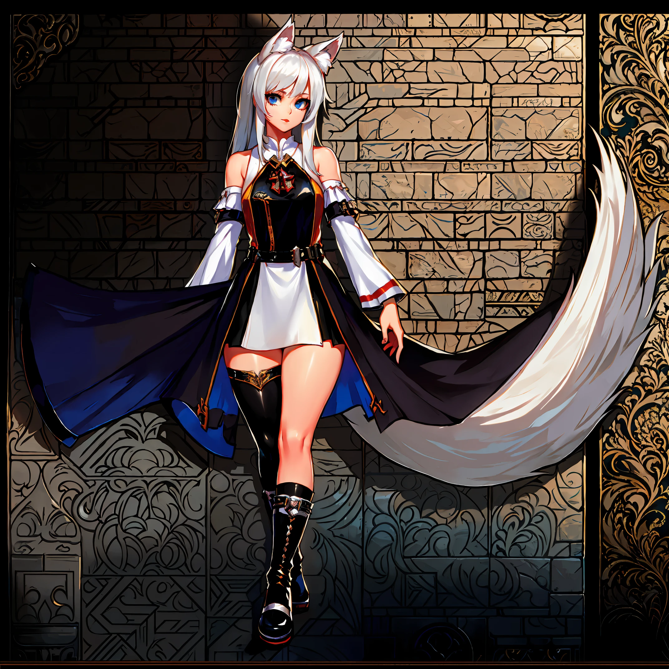 8k, resolution, high quality, high resolution, best quality, best resolution, absurd resolution, ray tracing, high detailed, masterpiece, extremely detailed,shoulder length white hair, female,white 2 wolf ears, teenage girl, slim body, white scale dragon tail,black boots,black leggings, school skirt, white jacket, medium size chest, detailed blue eyes, detailed beautiful face,solo female,1 dragon tail, detailed eyes, tomboyish