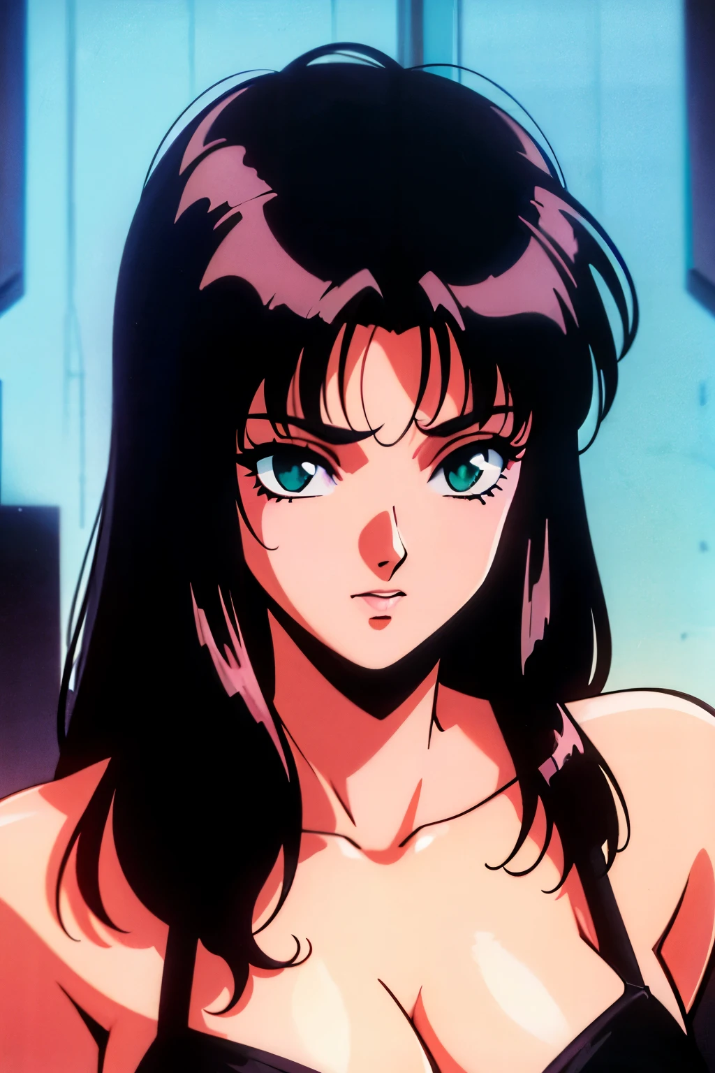 1990s (style), 1980s (style), retro artstyle, a girl, long black hair, green eyes, wavy hair, lingerie,  cyberpunk, 2077, best quality, masterpiece.