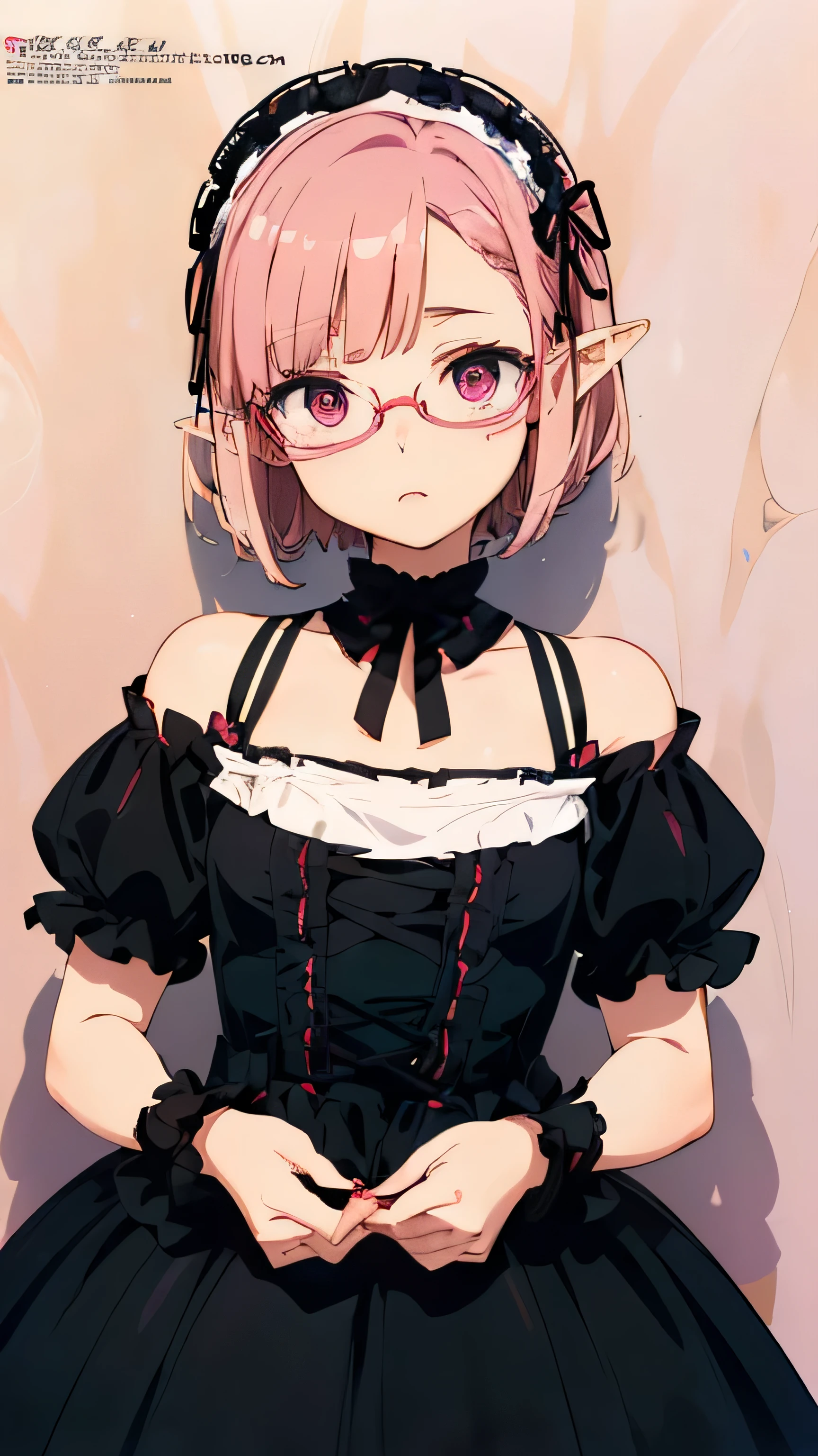 ((megami magazine:1.5)))　(((Milky pink short bob hair:1.2、thick red glasses with small frames:1、[elf ears:0.7]、magenta eyes:1.2)))(((1７age　high school student　normal chest)))(((Harajuku fashion　gothic ****ta)))