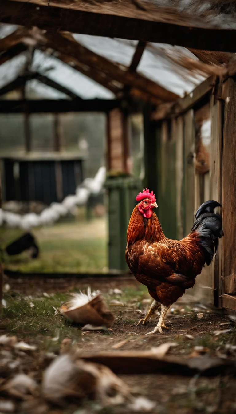 attacked chicken coop,feathers scattered,night,Disastrous,