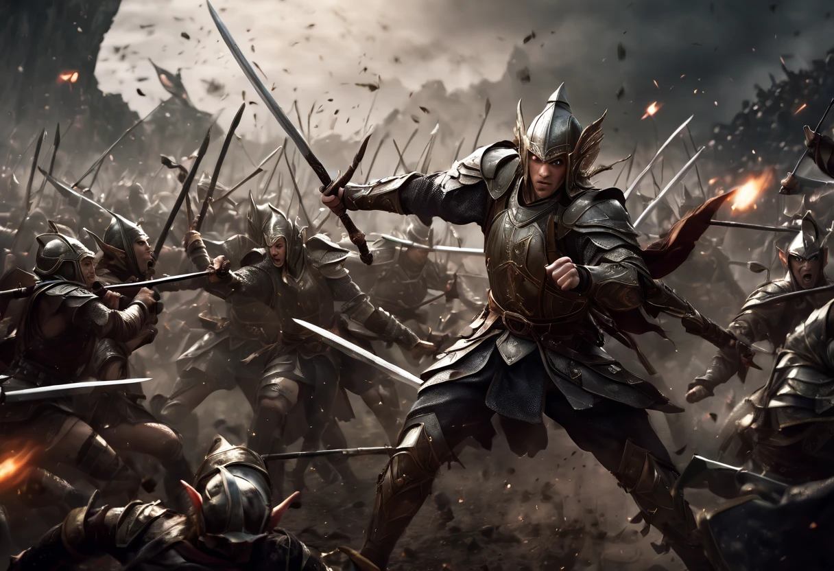 (first person,perspective,detailed,Elf Portraits:1.2,flying over,battlefield,capsuled elfs,ancient warriors,ancient armor,martial arts,misty atmosphere,dramatic lighting,high contrast,warrior in action,,action-packed,war cries,weapons clashing,fierce battles) thre side view, 1 side potrait,2 side close, 3 side in the batlle, Photo collage
