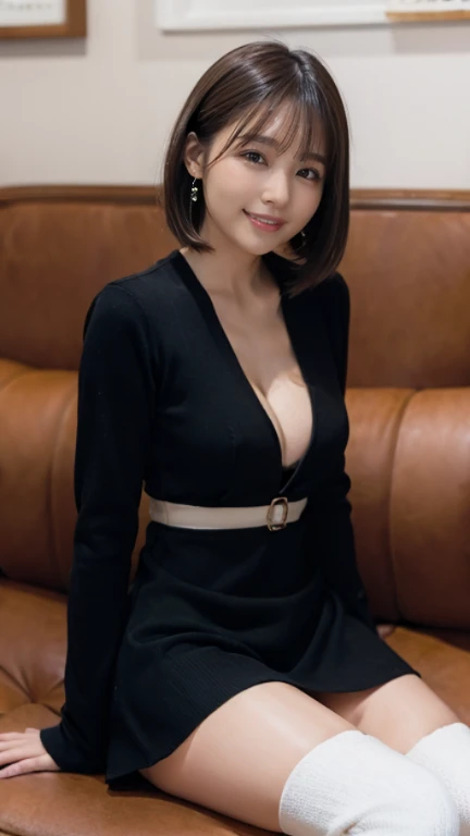 (Photoreal)、(Super high realism)、(Ultra high definition)、(Ultra high definition)、(increase contrast)、(increase saturation)、(14 year old girl、small face、Extremely beautiful face、natural makeup) (fair skin、Vibrant skin)(A smile with sparkling eyes、、short bob、hair behind ears、(tight black knit、Miniskirt dress、I can see the cleavage)(((white knee high boots hair、((stylish cafe))、beautiful cleavage、beautiful breasts、thin waist、big ass、thin thighs((sofa、sitting、full shot)