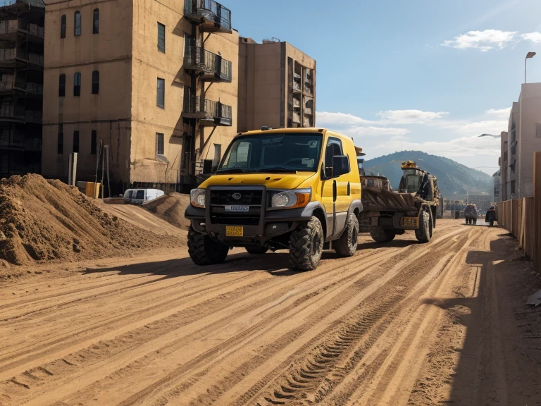 Scenery inside the road construction site、work happily、4 men、2 women、In the background are power shovels and men&#39;s trucks.、helmet is yellow、Wearing a construction site vest、bright atmosphere、American comic book style、Dramatic style