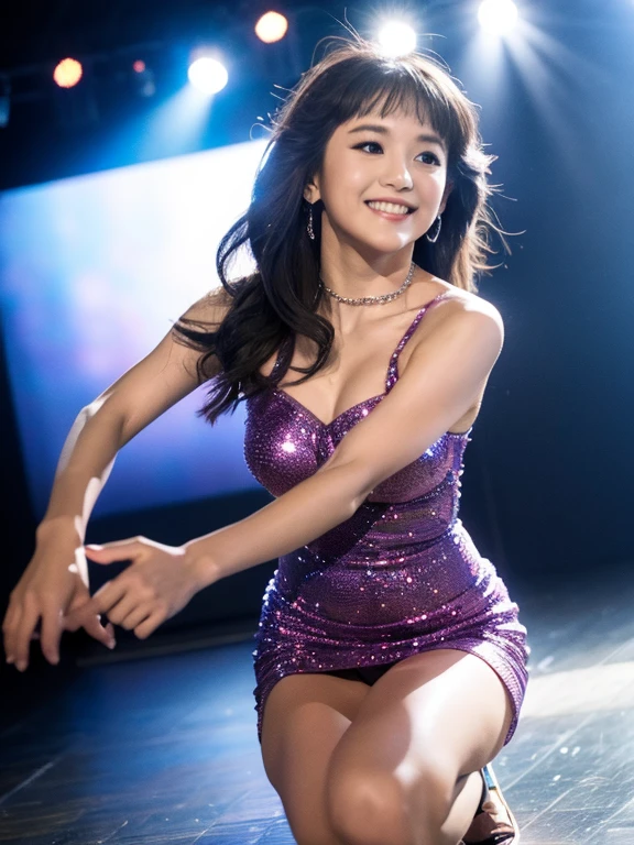 master piece、Ultra high resolution photo quality、cinematic camera work、Video of the entire stage、long shot、modern japanese strip theater、wide stage、wide seat、Mayu Minami、big droopy eyes、thick eyebrows、Dog face、flushed cheeks、familiarity、very beautiful Japanese female dancer、athlete、very sexy、Very long and beautiful strong arms and legs and beautiful abs、Fair skin、Her fine skin is very beautiful、Sweat、beautiful bright smile、healthy、kind、Noble、refinement、kind、mild、raise one leg、active pose、yoga、gorgeous beautiful dress、Beautiful stage costumes、Dramatic and gorgeous beautiful lighting、Spotlight、Laser beam、smoke effect、clear acoustics、round table stage、body chain、
