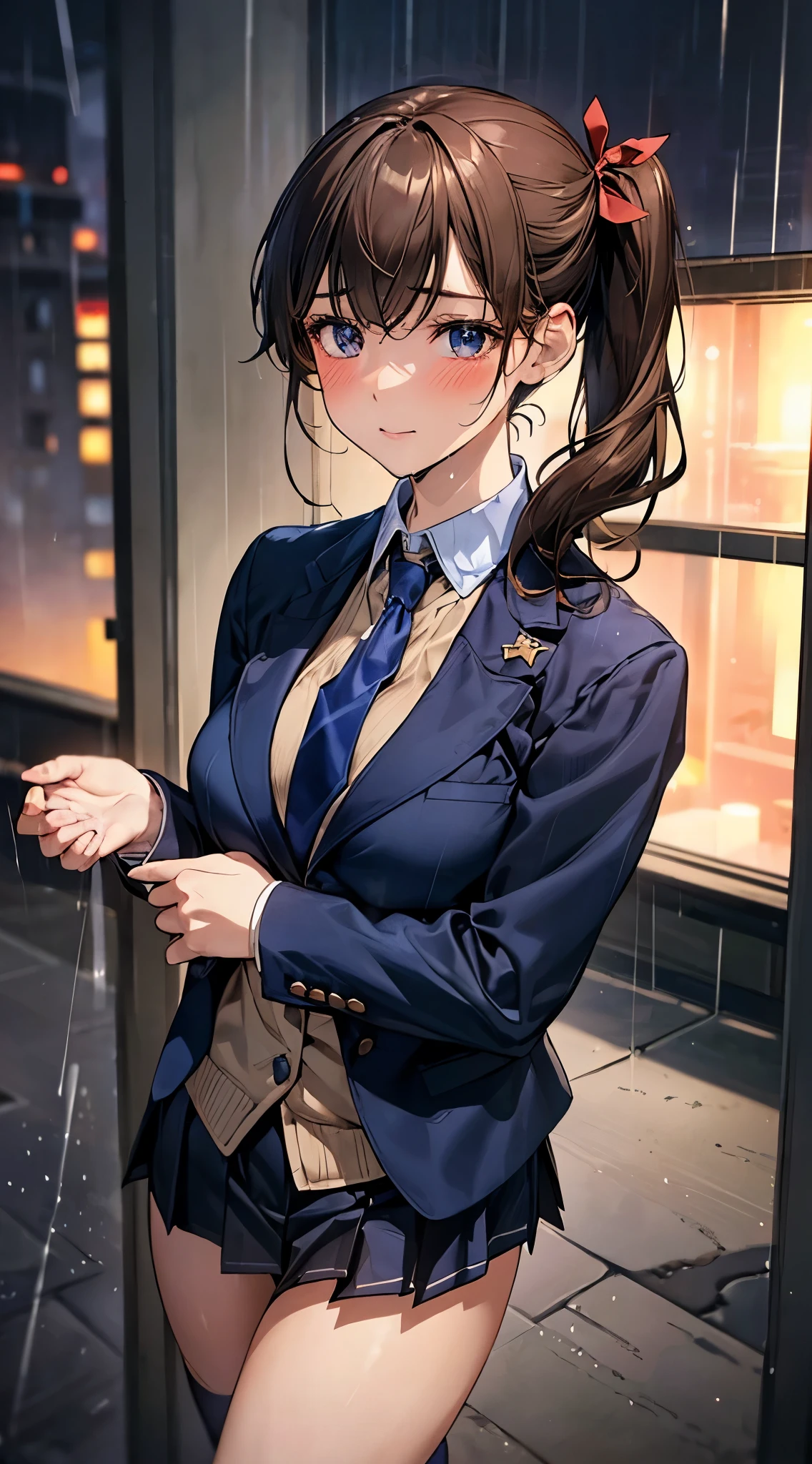 (masterpiece:1.2, top-quality), (realistic, photorealistic:1.4), beautiful illustration, (natural side lighting, movie lighting), 
looking at viewer, cowboy shot, front view, close-up:1.5, 1 girl, japanese, high school girl, perfect face, cute and symmetrical face, shiny skin, 
(middle hair:1.5, side ponytail:1.6, light brown hair), hairline, asymmetrical bangs, blue eyes, long eyelasher, (large breasts:0.9, thick thighs), 
beautiful hair, beautiful face, beautiful detailed eyes, beautiful clavicle, beautiful body, beautiful chest, beautiful thigh, beautiful legs, beautiful fingers, 
((navy blazer, light blue collared shirts, navy pleated mini skirt, socks, red ribbon tie)), pink panties, 
(beautiful scenery), (((evening), rain:1.8, rainy, wet body)), cityscape, walking, hands on chest, (tearful, upper eyes), 