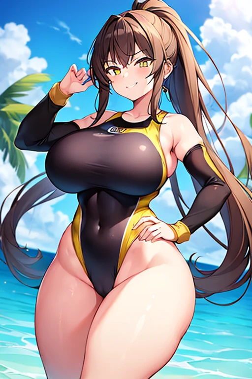 1girl, large breasts, wide hips, thick thighs, brown hair, ponytail, yellow eyes, smirk, smug, smile, one-piece swimsuit, competition swimsuit, black swimsuit, pool, sleeves, long sleeves, yellow trim, yellow line, bare legs