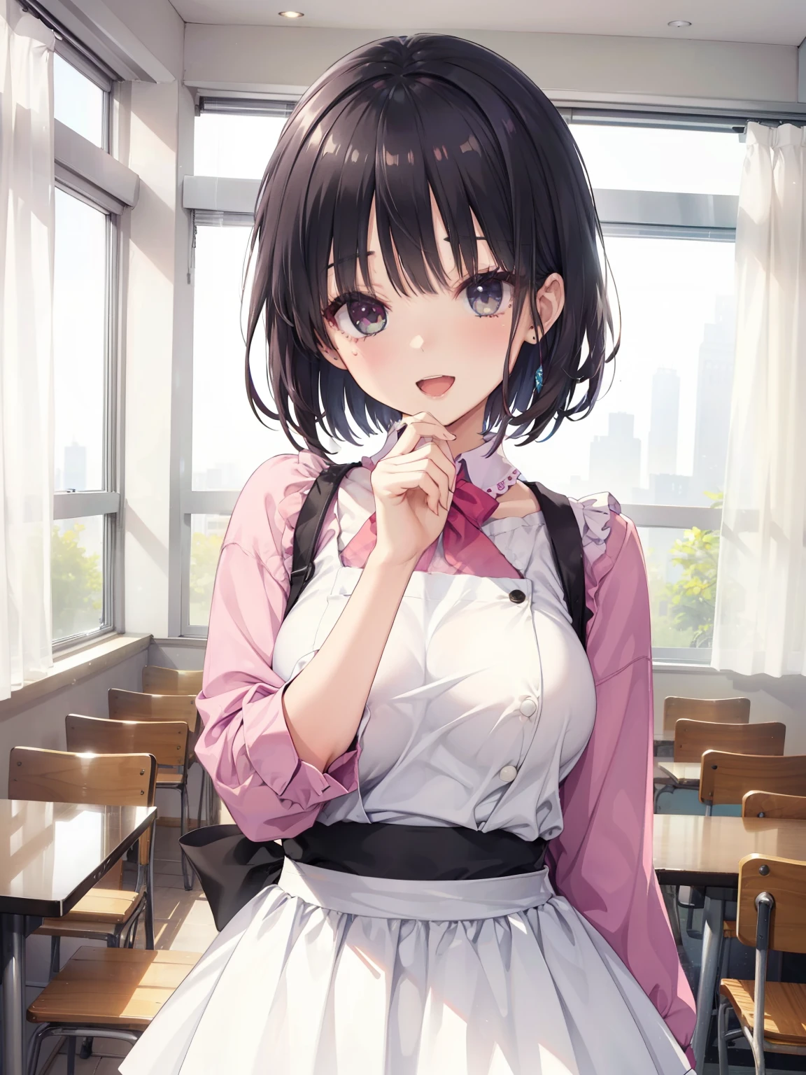 (muste piece, best quality, High resolution, ticker, perfect pixel, Depth of bounds written, In 4K), 
1 girl, solo, Lori, beautiful anime girl, 
Looking at Viewer, 
perfect body,  

POV handjob, pussy focus, upper body, 

ticker, short hair, black hair, eyes are blue, (big boobs), 

smile, open mouth, 
cafe, Beige curtains, wind,

Natsume, 
pink shirt, waist apron, 
hands on breasts, 