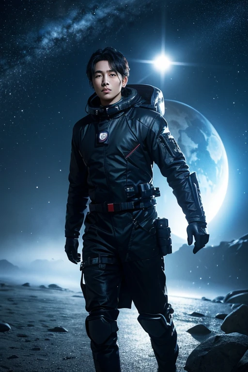 future technology，space adventurer，Male Asian celebrity in his 30s has a very handsome face，Wearing sci-fi gear，Travel through various parallel universes