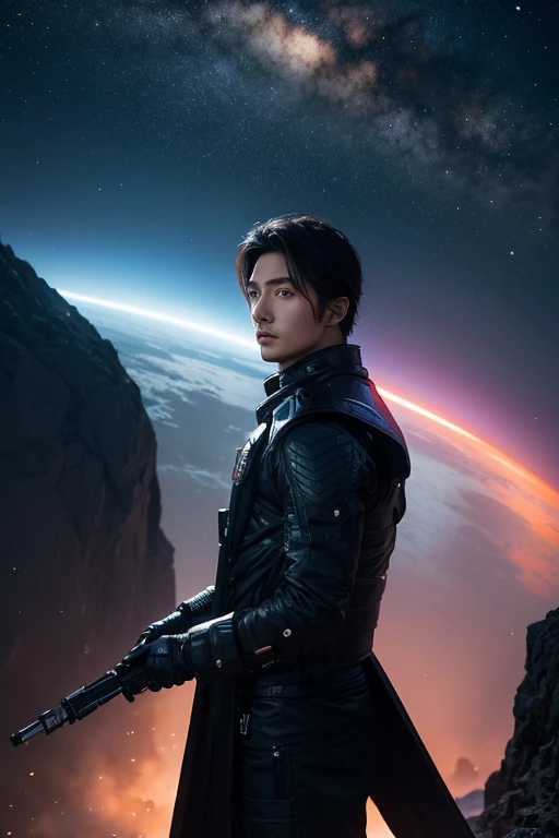 future technology,space adventurer,Male Asian celebrity in his 30s has a very handsome face,Wearing sci-fi gear,Travel through various parallel universes