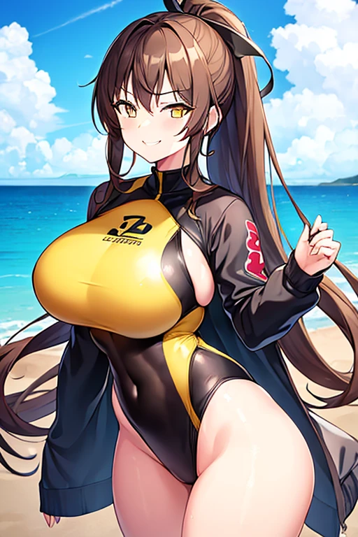 1girl, large breasts, wide hips, thick thighs, brown hair, ponytail, yellow eyes, smirk, smug, smile, one-piece swimsuit, competition swimsuit, black swimsuit, pool, sleeves, long sleeves, yellow trim, yellow line, bare legs