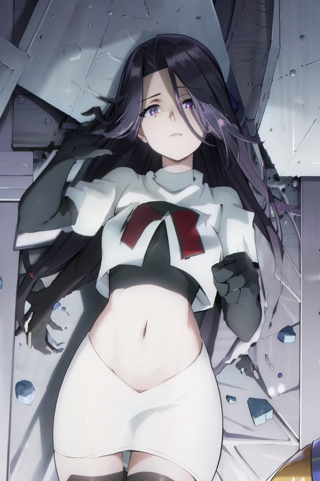 ((masterpiece, high quality, best quality, highres)):1.2, looking at viewer,
team rocket,team rocket uniform, red letter R, white skirt,white crop top,black thigh-highs, black elbow gloves,