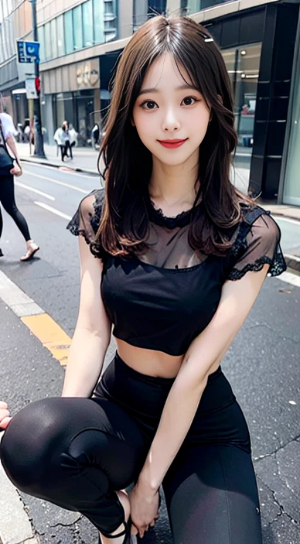 (hyper-realistic), (illustration), (high resolution), (8k), (Very detailed), (best illustration), (Beautiful and detailed eye quality), (super detailed), (masterpiece), (wallpaper), (Detailed face), alone, 1 girl, white curly hair, Korean, heterochromatic eyes, There a small mole under the eye, Black lace T-shirt top, Tight black lace yoga pants underneath, long legs, Firm abs,Breast leakage, street background, permanent, Black yoga pants, smiling,,,,full-body shot,Black high-heeled sandals