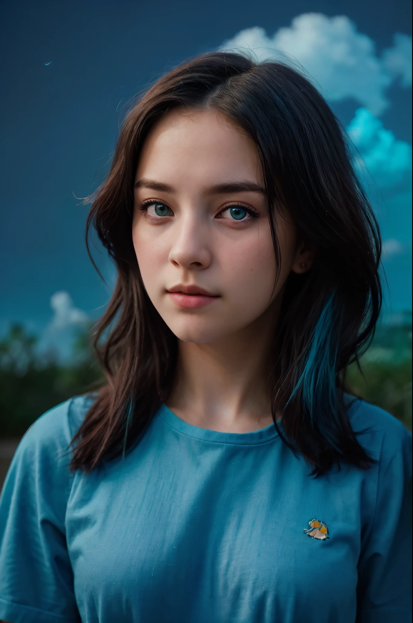 (masterpiece:1.0), (highest quality:1.12), (HDR:1.0), a girl with long hair looking at viewer, with a teal background and a indigo sky, constant, vaporwave colors, a character portrait, synchronization, detailed, realistic, 8k uhd, high quality