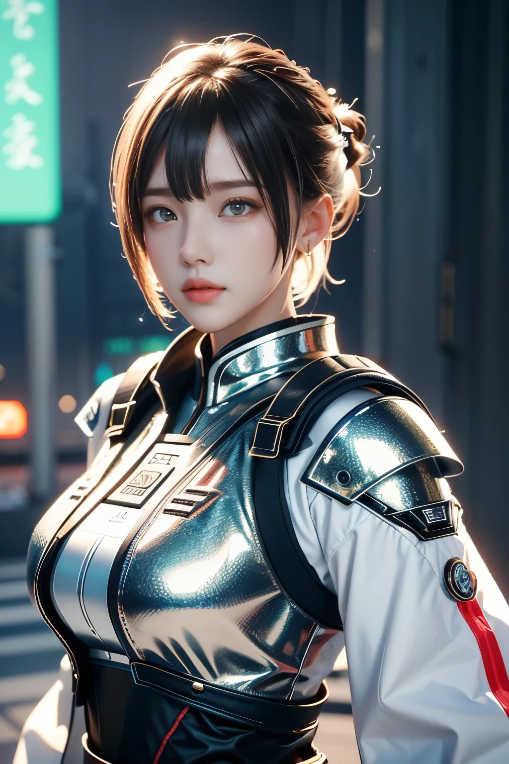 Game art，The best picture quality，Highest resolution，8K，((A bust photograph))，((Portrait))，(Rule of thirds)，Unreal Engine 5 rendering works， (The Girl of the Future)，(Female Warrior)，22岁少女，(White with short hair)，(A beautiful eye full of detail)，(Big breasts)，优雅迷人，微笑，(皱眉)，(Clothes full of futuristic sci-fi style，Sweater，A delicate pattern，Glittering jewels，Armor，White and red)，赛博朋克人物，未来风格， 拍照姿势，街道背景，Movie lights，Ray tracing，Game CG，((3D Unreal Engine))，oc渲染反射纹