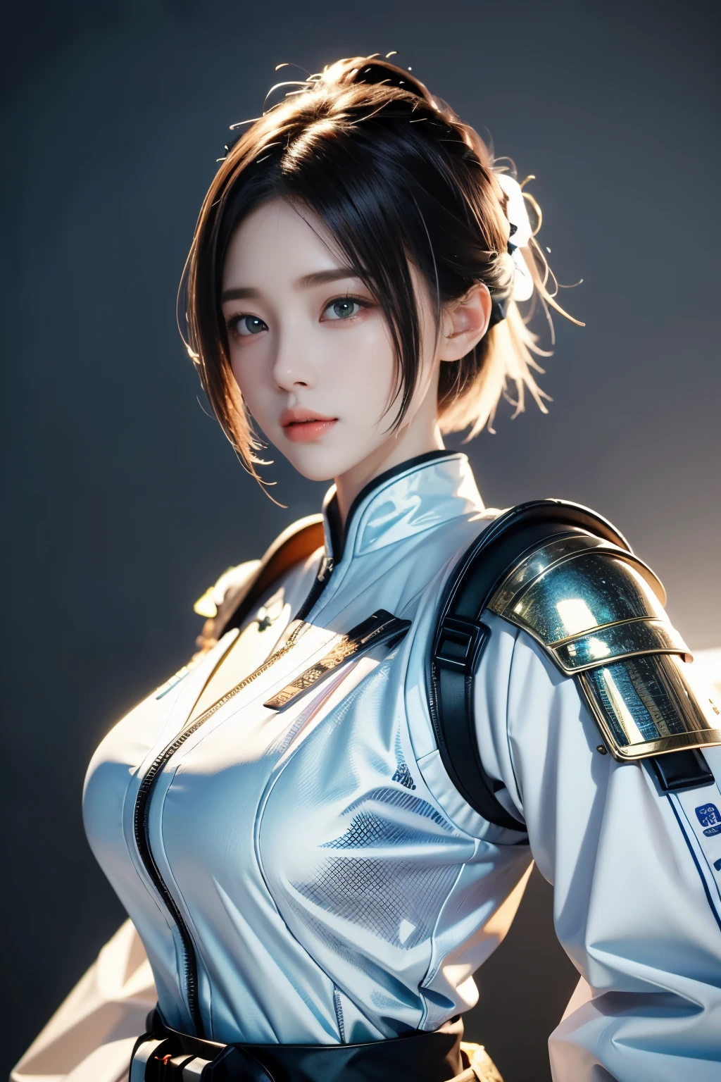 Game art，The best picture quality，Highest resolution，8K，((A bust photograph))，((Portrait))，(Rule of thirds)，Unreal Engine 5 rendering works， (The Girl of the Future)，(Female Warrior)，22岁少女，(White with short hair)，(A beautiful eye full of detail)，(Big breasts)，优雅迷人，微笑，(皱眉)，(Clothes full of futuristic sci-fi style，Sweater，A delicate pattern，Glittering jewels，Armor，White and red)，赛博朋克人物，未来风格， 拍照姿势，街道背景，Movie lights，Ray tracing，Game CG，((3D Unreal Engine))，oc渲染反射纹