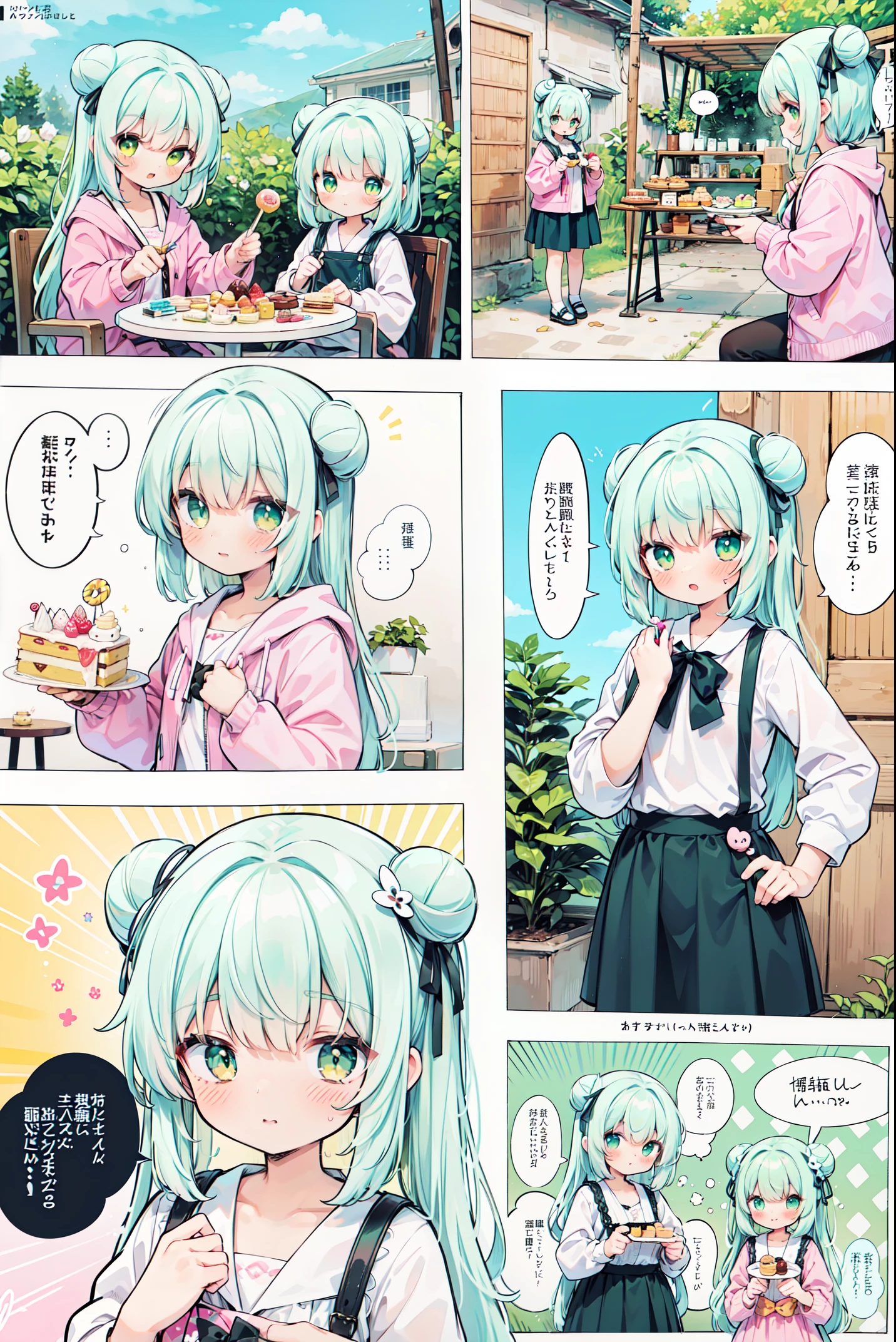 1 girl, ((comic strip))、(Multiple texts)、(speech bubble)、Calm pastel colors (color palette is yellow:1.2, green:1.2, pink:1.2), (green hair bun and blonde), short fashion skirt, Sit on a throne made of sweets and pastries, for example, donut, Sprinkle, candy, lollipop, candy cane, cake, カップcake, cakeポップ, ruffles and lace, Polka dot pattern, Long bat ears