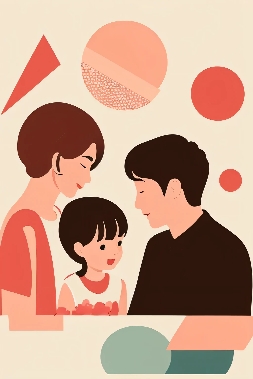 A simple illustration consisting only of shapes, long straight hair wife, husband and little daughter