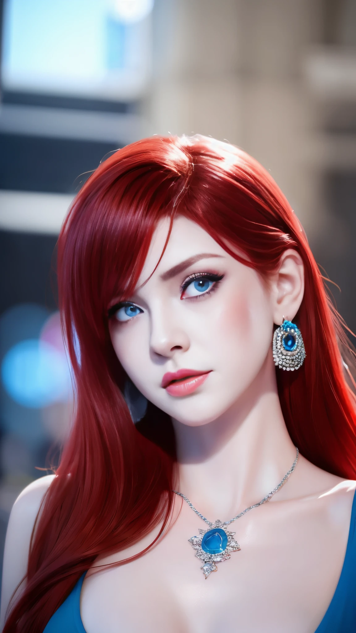 1 girl, red hair, blue eyes, white skin, makeup, earrings, necklace, blushing, half-open mouth, sexy look, excellent body, looking at the camera, (excellent quality), (raytracing), ( 4K), (photorealism)