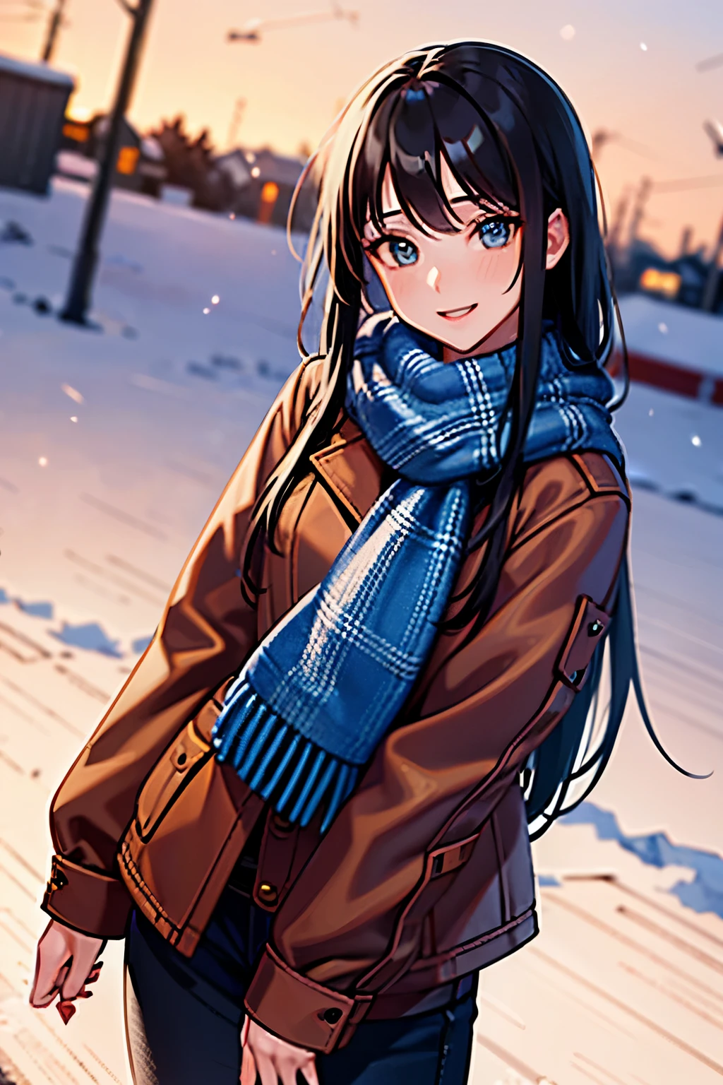 young girl, black hair long hair, blue eyes, shining blue eyes, wearing plaid yellow scarf, red jacket, black pants, looking at viewer, smiling, canada, rural city,  thumbs up pose, in the snow, rural city, canada, snowed place,
