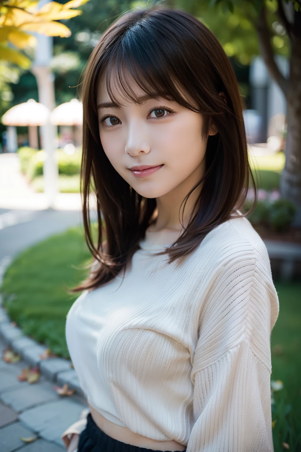 in 8K,Best Quality:1.4, 超A high resolution:1.5, (Photorealistic:1.4),masterpiece:1.2,(top-quality:1.4)、 Raw photo、(the background is blurred), A park on a hill with a good view:1.4、On the lawn、FULL BODYSHOT:1.5、 1日本人の女の子, Cute, (Solo), (Shy smile), Smooth skin、(30-years old:1.4)、to stand、Check miniskirt、Cute mini skirt、 (Brown medium hair,Bangs), (touch hair:1.4)、nogizaka、cute little、Supple fingertips,Beautiful black eyes、natural skin textures:1.3, realistic eyes and face details:1.7、middlebreasts、gazing at viewer、gravure、beauty legs、autumnal