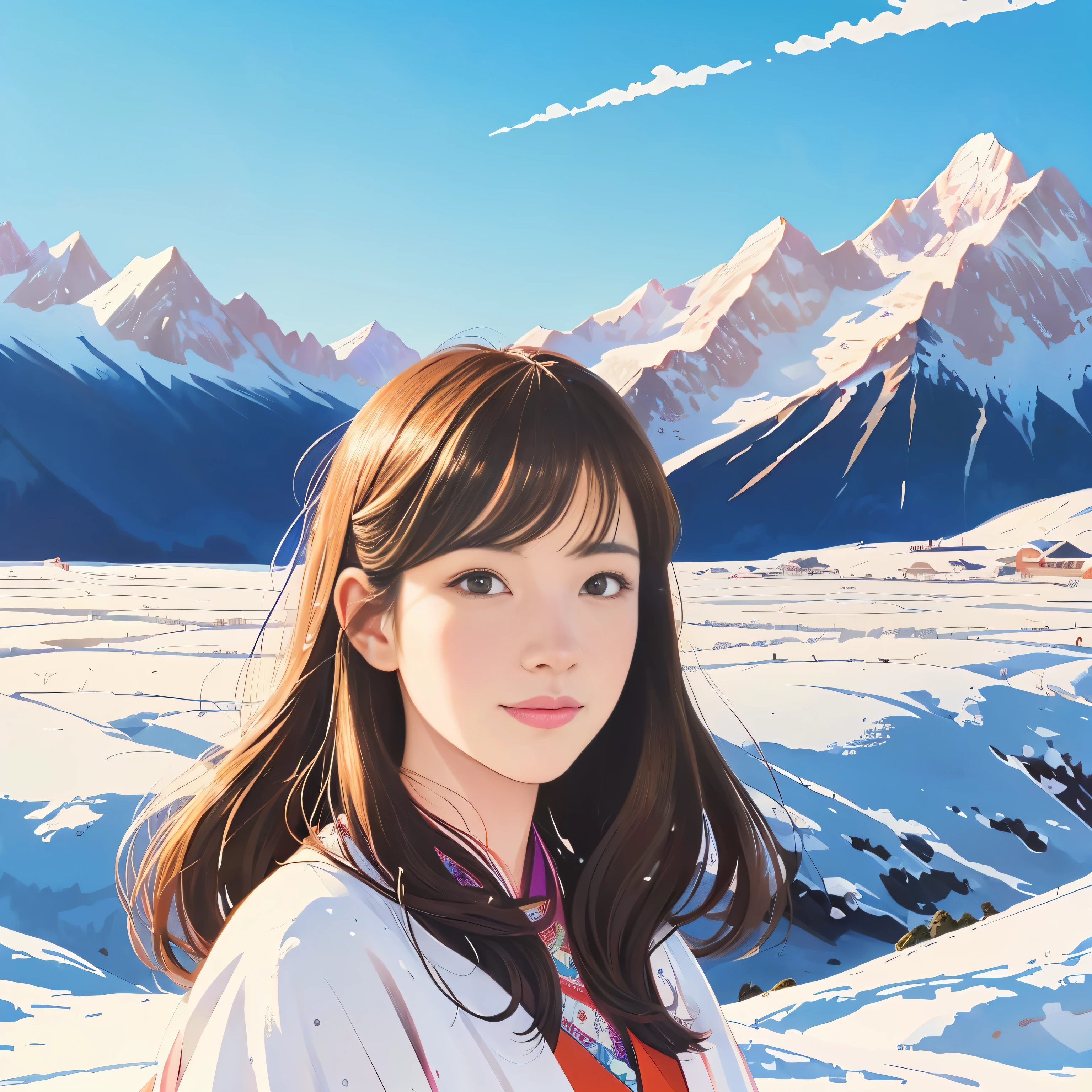 illustration style, ukiyo-e, Showa anime, woman, snow, (Sensitive), Asahi, mountains in the background, (highest quality, Super detailed, realistic:1.37, portrait, bright colors, Natural light)、((kimono))