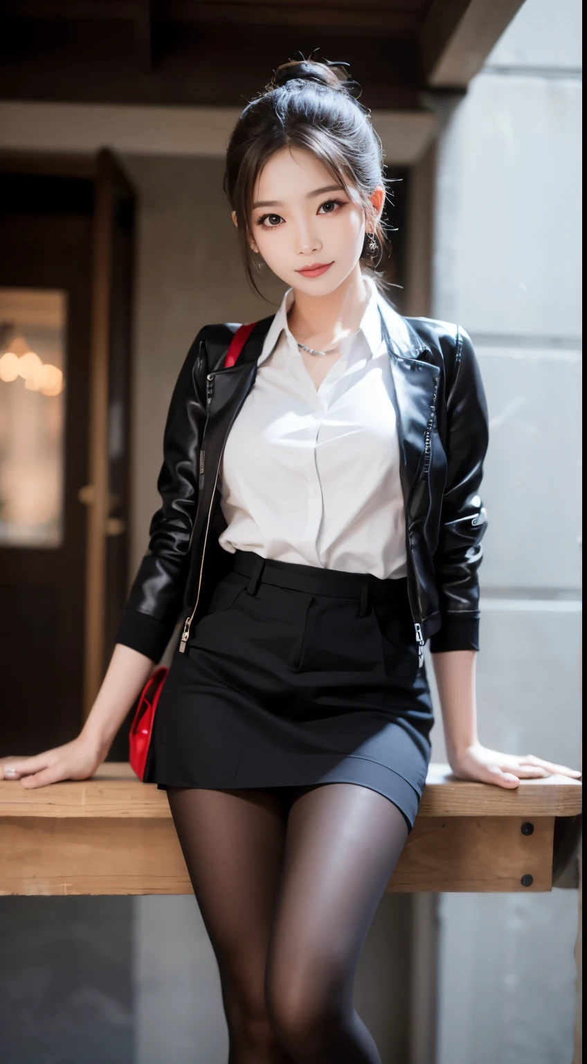 Sophisticated, masterpiece, beautiful details, colorful, small details, delicate lips, intricate details, big breasts, 1 female, (Beautiful 20 year old cute Korean woman: 1.1), (K-POP idol, mixed korean), ( 50mm sigma f /1.4 Zeiss lens, f1.4, 1/800s, iso100, photograph:1.1), (ponytail+black hair:1.2), (realistic:1.4), (spy:1.2), (open jacket, shirt, skirt, tie, black pantyhose, Christian Louboutin\(brand\),: 1.3), earrings, necklace, armband, (shoulder bag, bar: 1.2), (beautiful feet, tall girl, skinny, slim_feet, thigh_gap, model :1.2), Lens flare, Seen from the front, (smile: 1.1), dynamic pose, (compensate: 1.2), sitting on a bar stool,