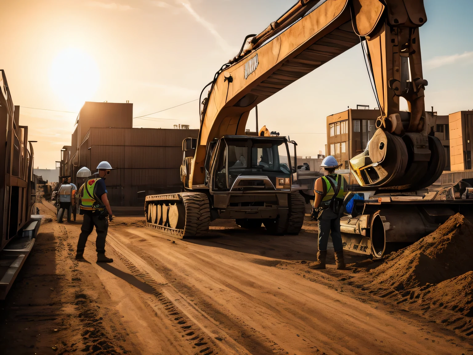 Scenery inside the road construction site、Work happily、4 men、2 women、In the background there is a power shovel and a man'truck.、helmet is yellow、wearing a construction site vest、bright atmosphere、American comic book style、Gekiga style