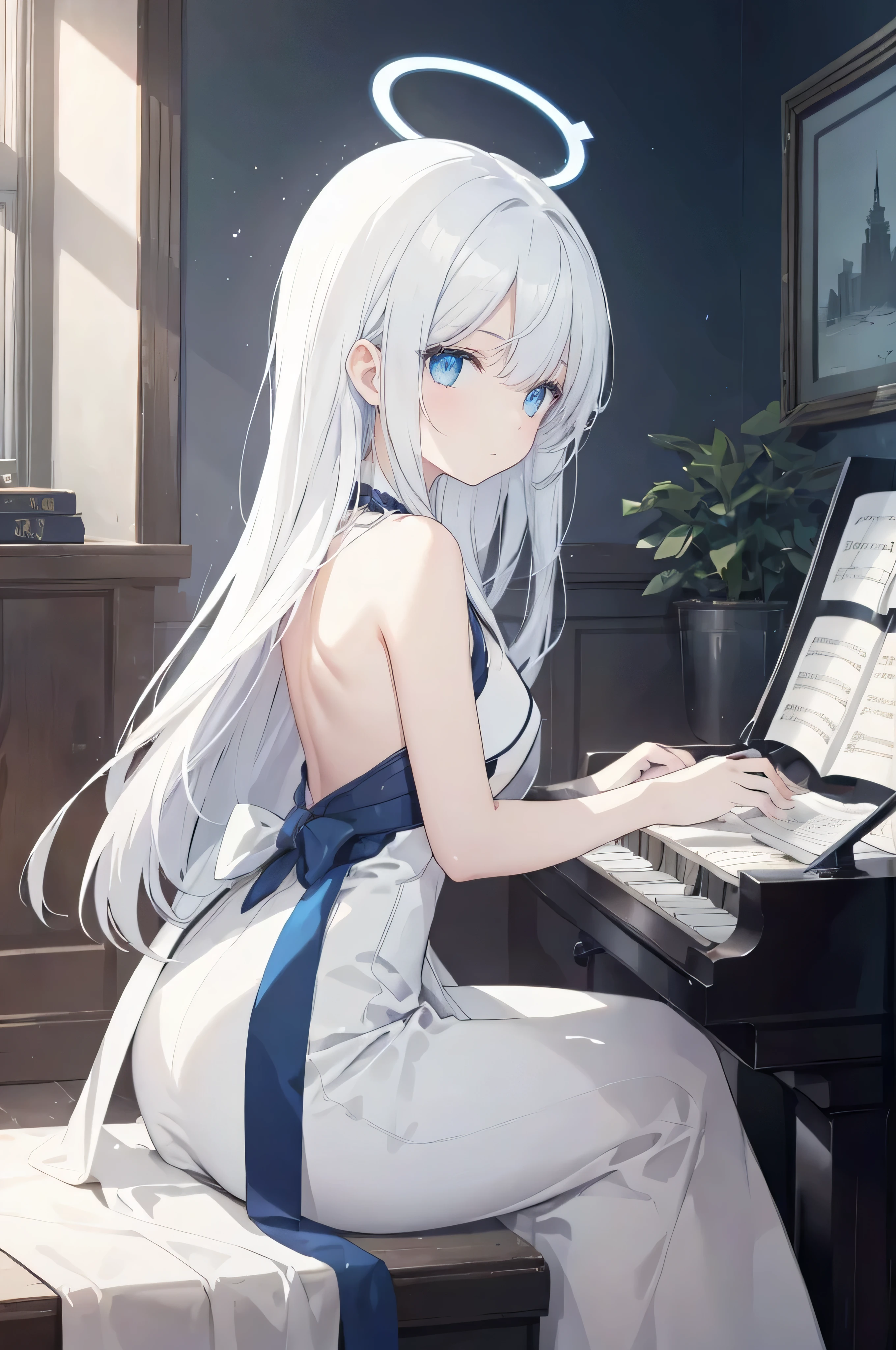 gentle expression,Calm eyes,white long straight hair,Hair has turned white,white hair,eyes are blue,eyes sparkling,Highlights on Eyeemale's Hands,newbie,female face,Put your hands on the piano,There a blue halo directly above the head,There a blue halo on the head,Blue halo in polyhedral shape,There a blue halo directly above the head,There a blue halo on the head,Blue halo in polyhedral shape,There a blue halo directly above the head,eyes are blue,eyes sparkling,There are bright spots in the eyes