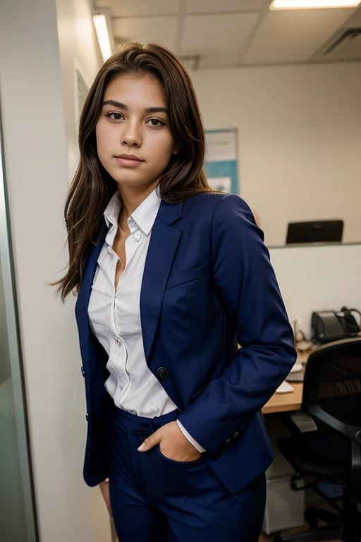 1 young teenager brazilian, 20 anos, pants suit, blazer, button up shirt, head shots, business professional, elegante, office work