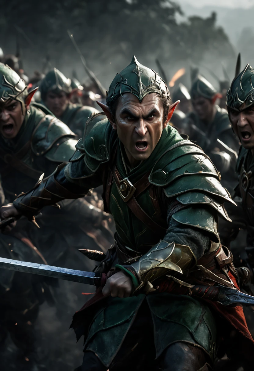 (first person,perspective,detailed,Elf Portraits:1.2,flying over,battlefield,capsuled elfs,ancient warriors,ancient armor,martial arts,misty atmosphere,dramatic lighting,high contrast,warrior in action,,action-packed,war cries,weapons clashing,fierce battles) thre side view, 1 side potrait,2 side close, 3 side in the batlle, face close up, (3 sections photo collage of an elf portaits)