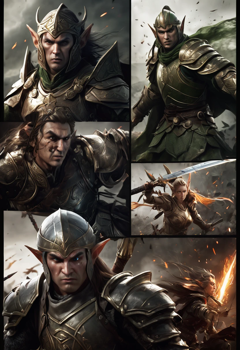 (first person,perspective,detailed,Elf Portraits:1.2,flying over,battlefield,capsuled elfs,ancient warriors,ancient armor,martial arts,misty atmosphere,dramatic lighting,high contrast,warrior in action,,action-packed,war cries,weapons clashing,fierce battles) thre side view, 1 side potrait,2 side close, 3 side in the batlle, face close up, (3 face portraits photo collage) ((close up face))