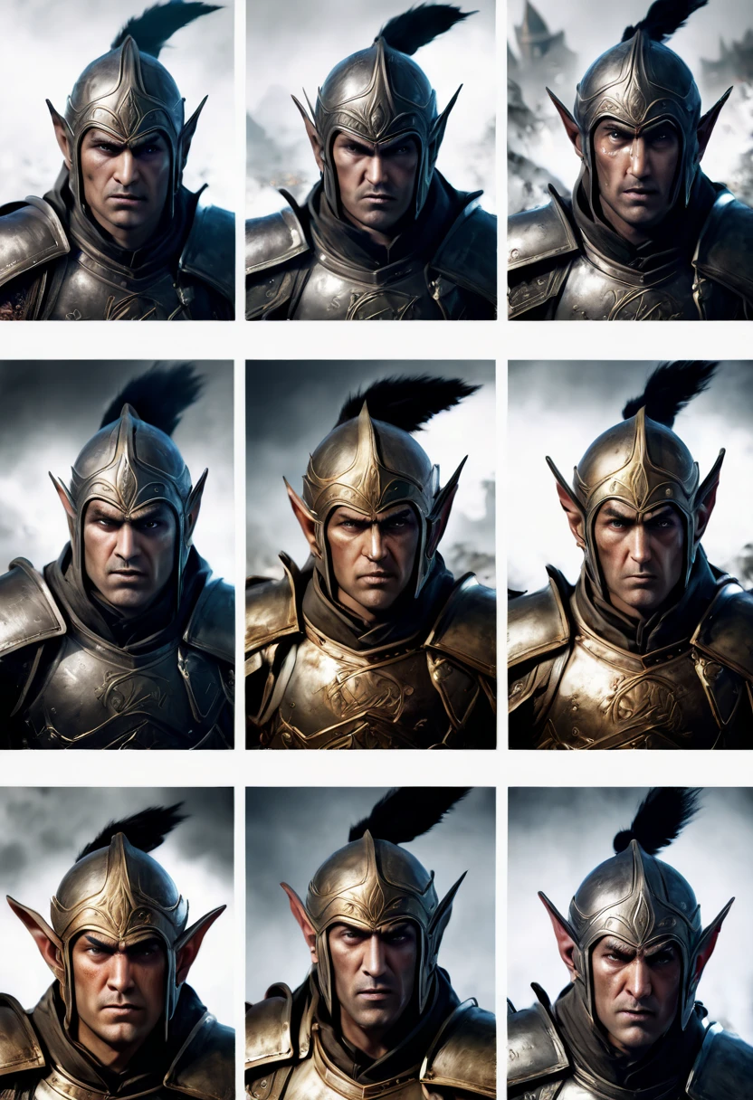 (first person,perspective,detailed,Elf Portraits:1.2,flying over,battlefield,capsuled elfs,ancient warriors,ancient armor,martial arts,misty atmosphere,dramatic lighting,high contrast,warrior in action,,action-packed,war cries,weapons clashing,fierce battles) thre side view, 1 side potrait,2 side close, 3 side in the batlle, face close up, (3 face portraits photo collage) ((close up face))