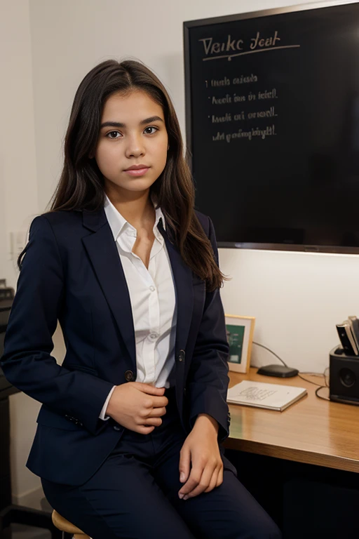 1 young teenager brazilian, 18 anos, pants suit,  blazer, button up shirt, head shots, business professional, elegante, office work