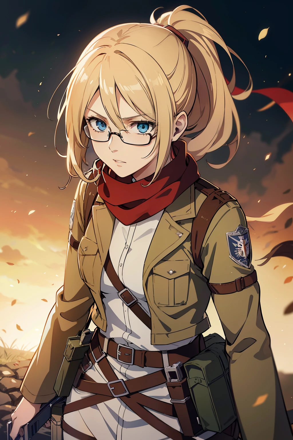 (high-quality, breathtaking),(expressive eyes, perfect face) 1female, girl , solo, young adult, medium length blonde hair, soft wavy hair, curley hair, blue eyes, red scarf, military uniform, survey corps attack on titan, shingeki no kyoji, white shirt, brown jacket, green eyes, gentle smile, thin black frame glasses, gentle expression, ponytail, attack on titan art style
