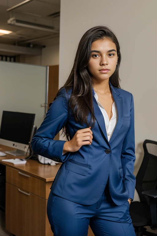 1 young teenager brazilian, 20 anos, pants suit, blazer, button up shirt, head shots, business professional, elegante, office work