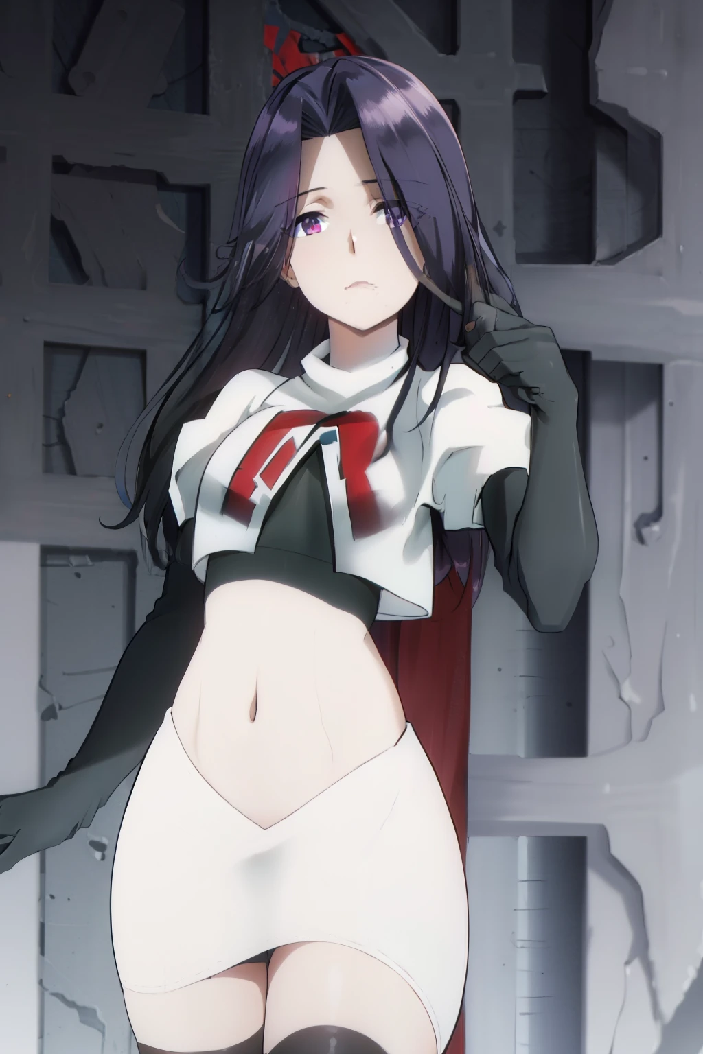 ((masterpiece, high quality, best quality, highres)):1.2, looking at viewer, cowboy shot,
team rocket,team rocket uniform, red letter R, white skirt,white crop top,black thigh-highs, black elbow gloves,  