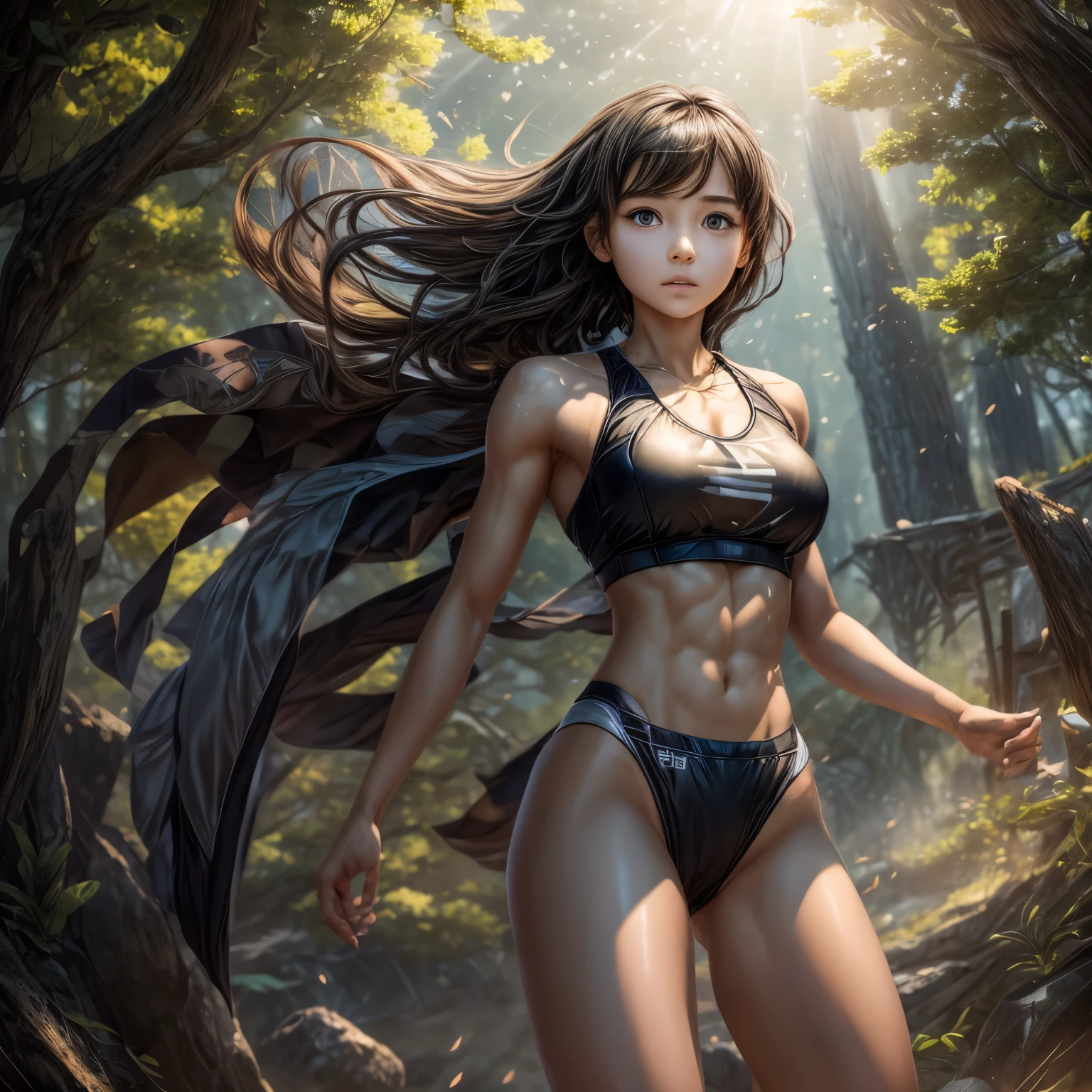 Award-winning flying concept art (1 girl:1.2) in platinum shiny ornate armor, amazing, god&#39;s rays, Centered, (masterpiece:1.2), (highest quality:1.2), wonderful, very detailed, beautiful, finely, Warm and soft color grading, Depth of bounds written, Highly detailed 8K, Fine art, amazing, iridescent, shiny, light reflection, Breezy, curl, Wind, Flying leaves, dynamic pose, hyper realism, vibrant, illuminated, disorganized、The background is a battlefield in the wilderness.、A girl wearing a black track and field uniform、High-leg bloomer、naked thighs、sexy、black short boots、Are standing、the girl is arrested、A girl looking at the viewer with a worried expression、the girl is killed、The girl stands proudly with her chest out、solo