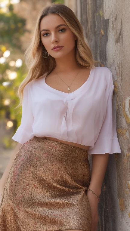 (best quality, high resolution: 1.2), ultra-detailed and realistic photography, with high depth of field, taken outdoors, daylight, dynamic composition, natural colors, raw photography, raw photography, 28-year-old blonde woman with long wavy hair, firm and eye-pleasing body, tight abdomen, dressed in a short school skirt and a semi-transparent blouse, a beautiful and highly detailed face, defined eyes, detailed voice, textured lips, highly detailed skin texture 1.5. standing in high heels, flirting at the camera, full length.