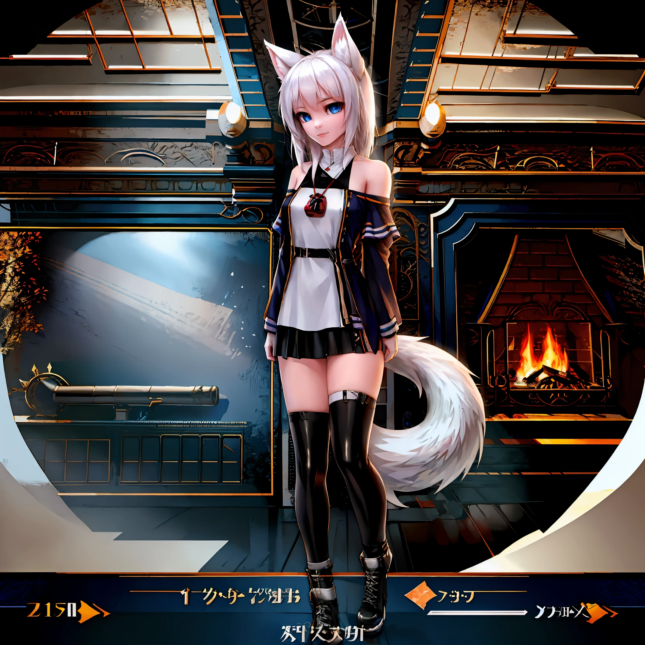 8k, resolution, high quality, high resolution, best quality, best resolution, absurd resolution, ray tracing, high detailed, masterpiece, extremely detailed,shoulder length white hair, female,white 2 wolf ears, teenage girl, slim body, white scale dragon tail,black boots,black leggings, school skirt, white jacket, medium size chest, detailed blue eyes, detailed beautiful face,solo female,1 dragon tail, detailed eyes, tomboyish